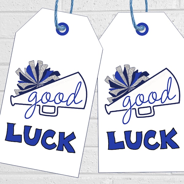 Cheer Good Luck Tags, Cheerleading Team Treat Labels, Printable Blue Poms Favor Tags or Stickers, Spirit Squad Dance Team Treat Tags