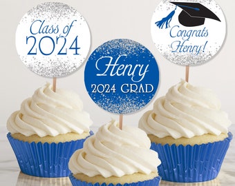Graduation Cupcake Toppers 2024, Personalized Graduation Party Decor in School Colors, Class of 2024 Printable 2 Inch Round Labels