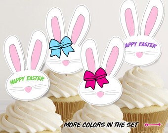 Easter Bunny Cupcake Toppers, Easter Bunny Ears with Bows, Cute Happy Easter Tags or Stickers for Baskets and Gift Bags