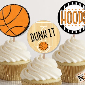 Décorations pour cupcakes de basket-ball, décorations de fête d'anniversaire de basket-ball imprimables, piques à cupcakes de tournoi cerceaux ou autocollants