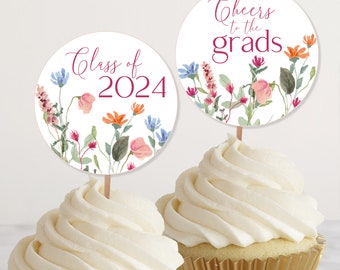 Wildflower afstuderen Cupcake Toppers, Grad Party Treat en Favor Rounds, Floral Graduation Party Decor, Klasse van 2024 Flower Printable