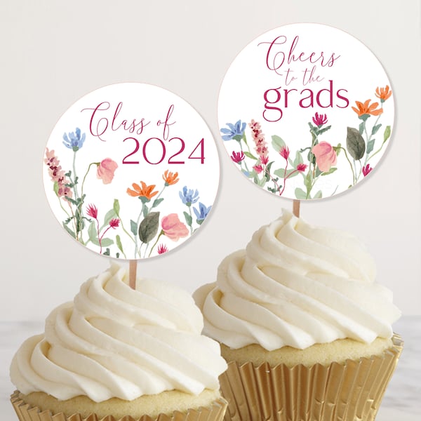 Wildflower Graduation Cupcake Toppers, Grad Party Treat and Favor Rounds, Floral Graduation Party Decor, Class of 2024 Flower Printable