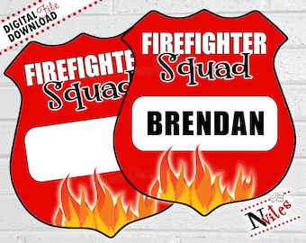 Fireman Badges for Birthday Party, Firefighter Badge, Printable Kids Birthday Badges, Fire Truck Decor in Red with Flames