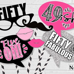 50th Birthday Photo Booth Props, Printable Ladies Photo Prop Party Decorations, Woman's Birthday Selfie Props in Pink and Black
