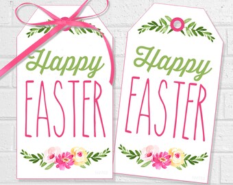 Floral Frohe Ostern Druckbare Tags, Oster Leckerei Etiketten Geschenkanhänger oder Aufkleber, Osterkorb Hang Tags, Serviette oder Tischdekoration