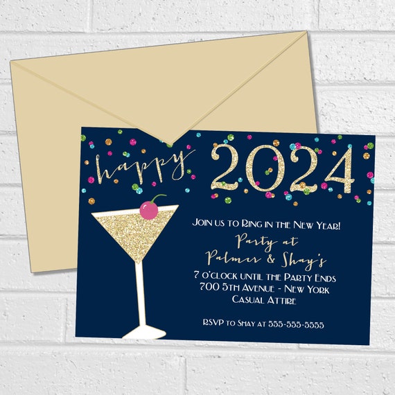 2024 New Year's Eve Invitation, Printable Glitter and Confetti New Year  Party, Martini Glass Themed Cocktail Party in Navy Blue and Gold 