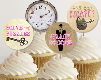 Escape Room Party Cupcake Toppers, Spy Party Cupcake, Roze Escape Room Cake Decor, Afdrukbare feestdecoraties