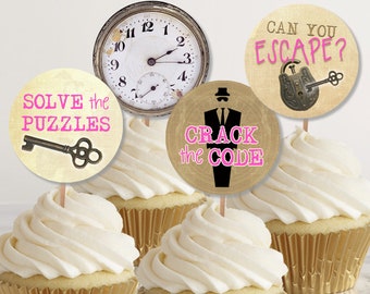 Escape Room Party Cupcake Toppers, Spy Party Cupcake, Roze Escape Room Cake Decor, Afdrukbare feestdecoraties