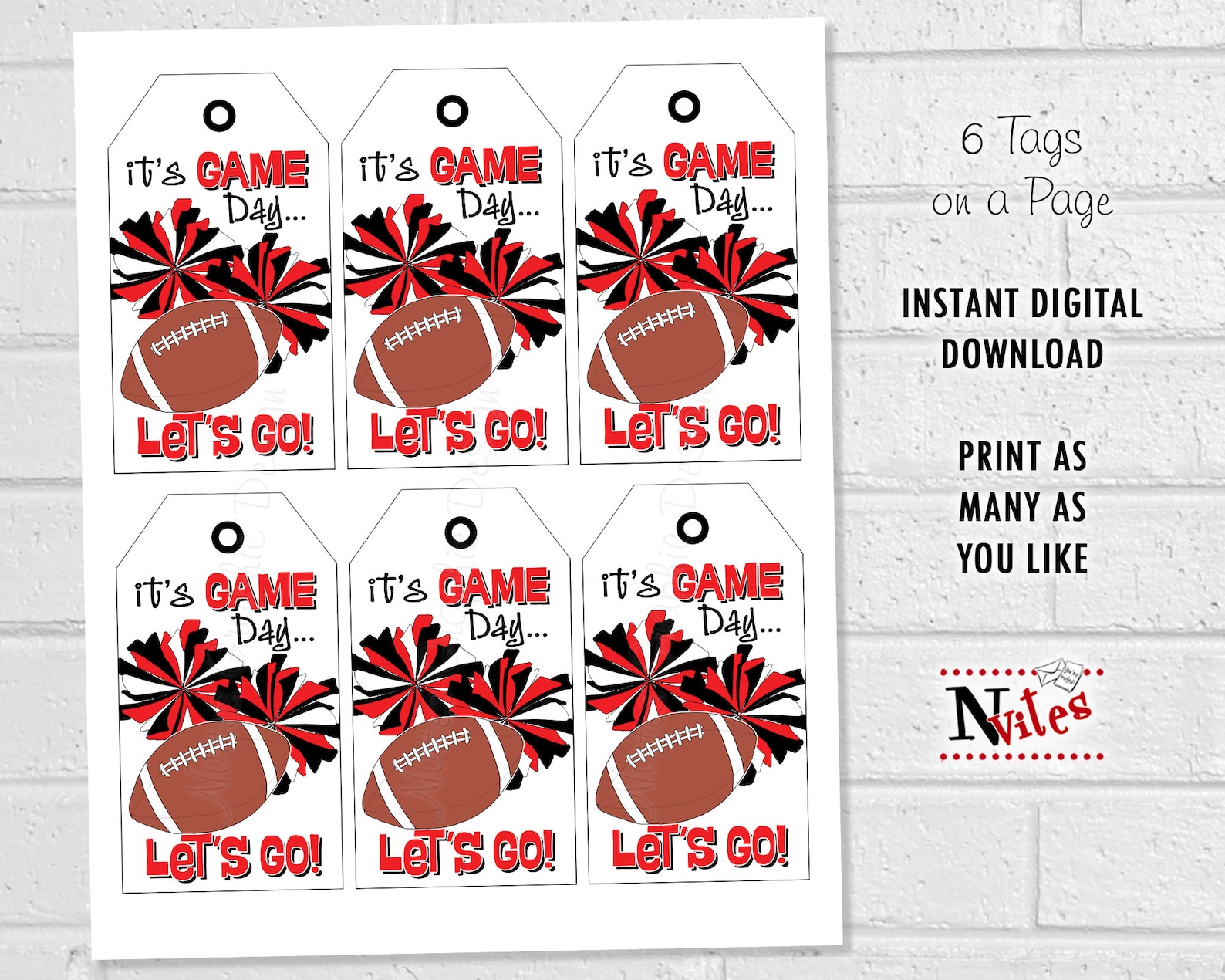 Football Cheer Game Day Treat Tags, Red and Black Pom Poms (digital ...