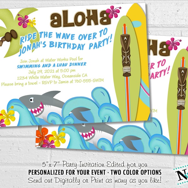 Aloha Surf Birthday Party Printable Invitation, Kids Hawaiian Luau, Shark and Surfboard Beach Birthday Party Invite