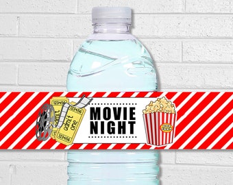 Movie Night Party Labels, Movie Birthday Bottle or Drink Tags, Cinema Event Water Bottle Wraps, Printable Beverage Decor