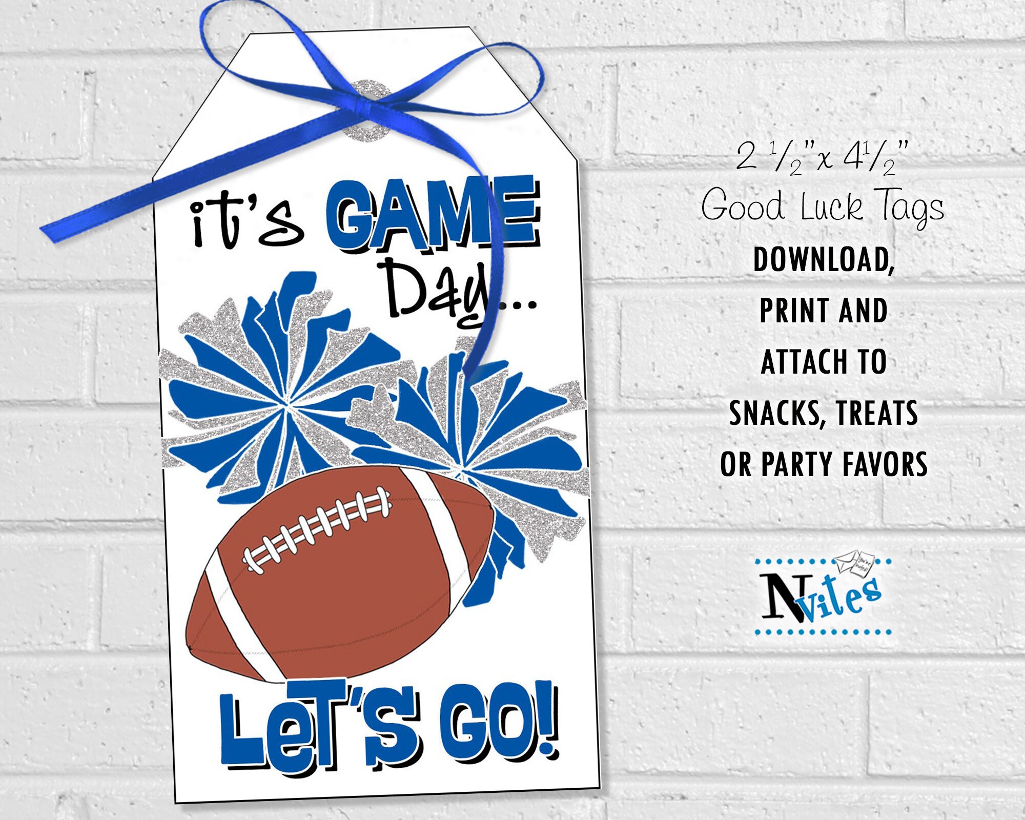 Cheer Football Game Day Tags, Good Luck Blue Silver Poms Snack Labels ...