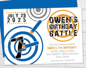 May include: A rectangular party invitation card featuring a blue target graphic with a black number 7, an orange target with the text OWEN'S BIRTHDAY BATTLE, and two foam darts. The card includes event details for July 29, 2025, and a blue envelope.