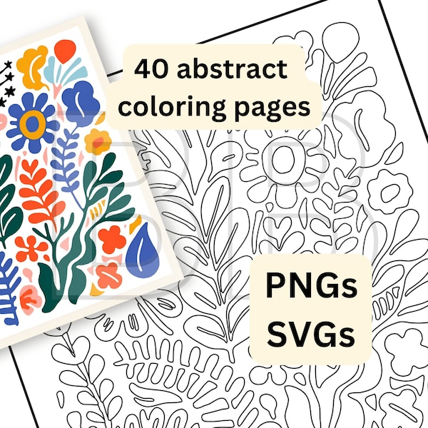 40 Abstract Coloring Pages (SVGs); Matisse-inspired Vector Graphs with Floral and Organic Forms, Geometric Patterns Coloring
