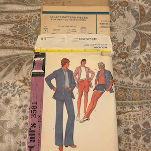 May include: Vintage McCall's 3581 sewing pattern for men's patio jacket, pants, or walking shorts and swim trunks. The pattern features illustrations of the finished garments. Includes pattern pieces and instructions. The pattern is from the 1970s.