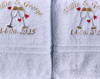 Personalised Wedding Towel Set, Embroidered Champagne Glasses, Anniversary Gift