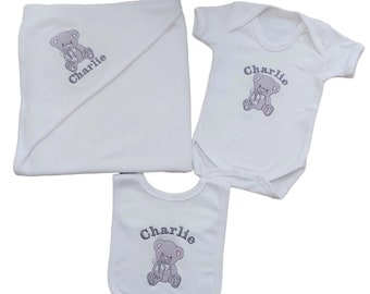 Personalized Baby Gift Set, Embroidered Teddy Bear, Hooded Towel & Bib