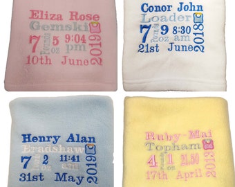 Personalised Embroidered Fleece Baby Blanket, Birth Stats, Baby Shower Gift