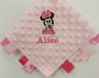 Personalised Minnie mouse comfort blanket, taggy comforter, embroidered taggie, new baby gift, baby girl gift