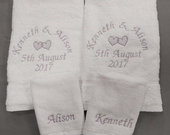 Personalised Wedding Towel Set, Embroidered Hearts, Anniversary Gift