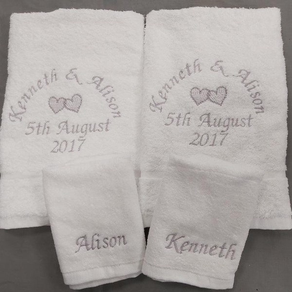 Personalised 4 piece wedding towel set with hearts embroidered towels 2 bath and 2 face 2nd anniversary gift silver ruby golden anniversary,
