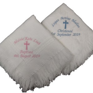 Personalised christening baptism shawl blanket with big cross embroidered in colour of your choice image 1