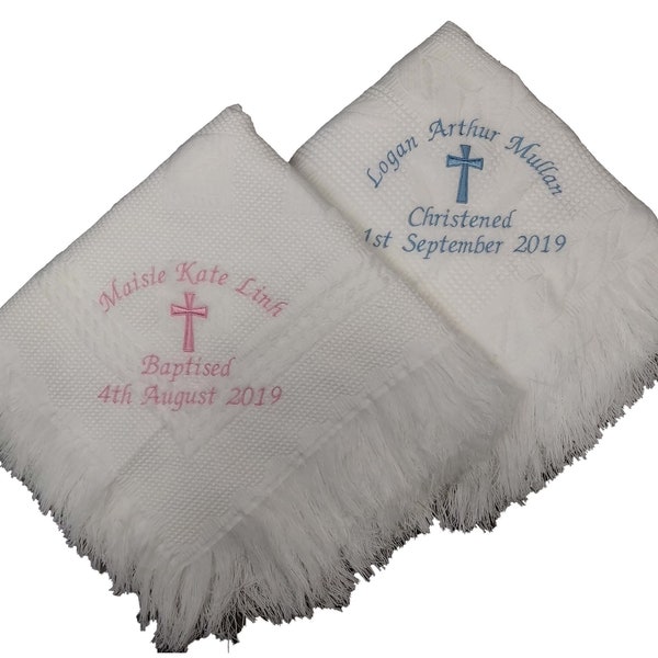 Personalised christening baptism shawl blanket with big cross embroidered in colour of your choice