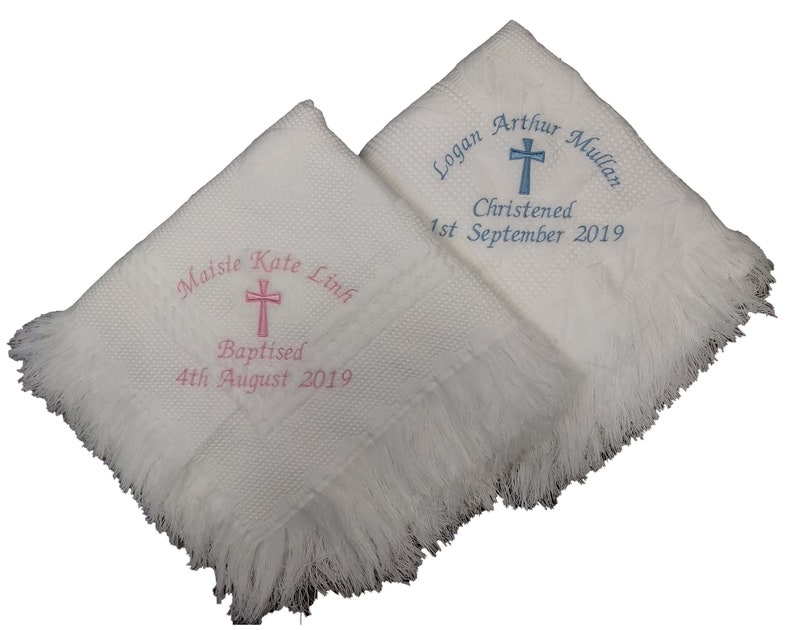 Personalised christening baptism shawl blanket with big cross embroidered in colour of your choice image 1