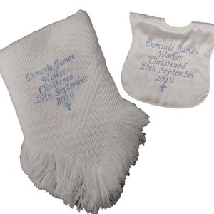 Personalised christening baptism shawl blanket and satin bib with small cross embroidered in colour of your choice