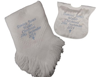 Personalised christening baptism shawl blanket and satin bib with small cross embroidered in colour of your choice