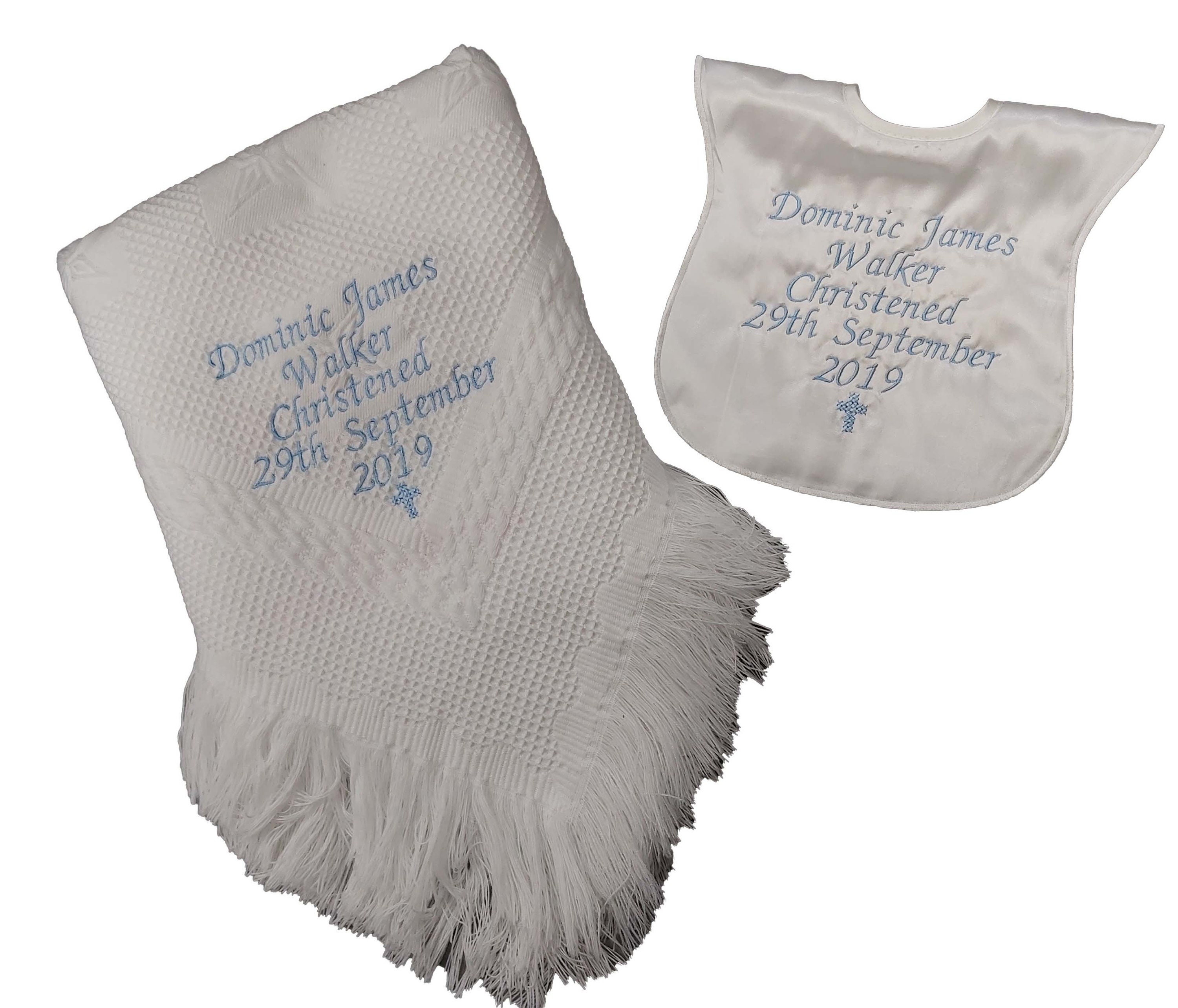 Personalised Christening Baptism Shawl Blanket and Satin Bib With Small