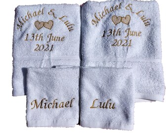 Personalized Wedding Towel Set, Embroidered Hearts, Anniversary Gift