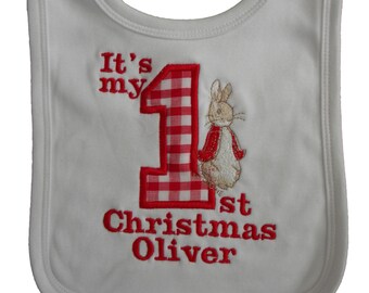 Personalised 1st christmas embroidered bib applique Peter Rabbit Xmas name bib