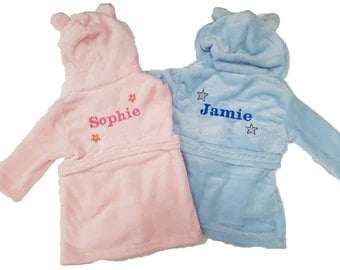 Personalised embroidered baby dressing gown bath robe soft with teddy bear ears age 0-24 months