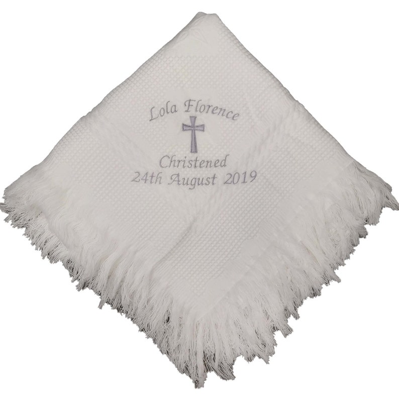 Personalised christening baptism shawl blanket with big cross embroidered in colour of your choice image 2