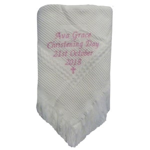 Personalised christening baptism naming day shawl blanket with small cross or heart embroidered in colour of your choice