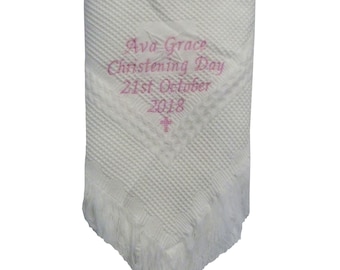 Personalised christening baptism naming day shawl blanket with small cross or heart embroidered in colour of your choice