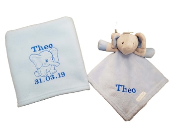 Personalised baby boy girl elephant blanket and comforter gift set