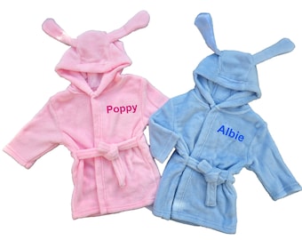 Gepersonaliseerde geborduurde babybadjas peuterbadjas met konijnenoren cadeau babyjongen babymeisje