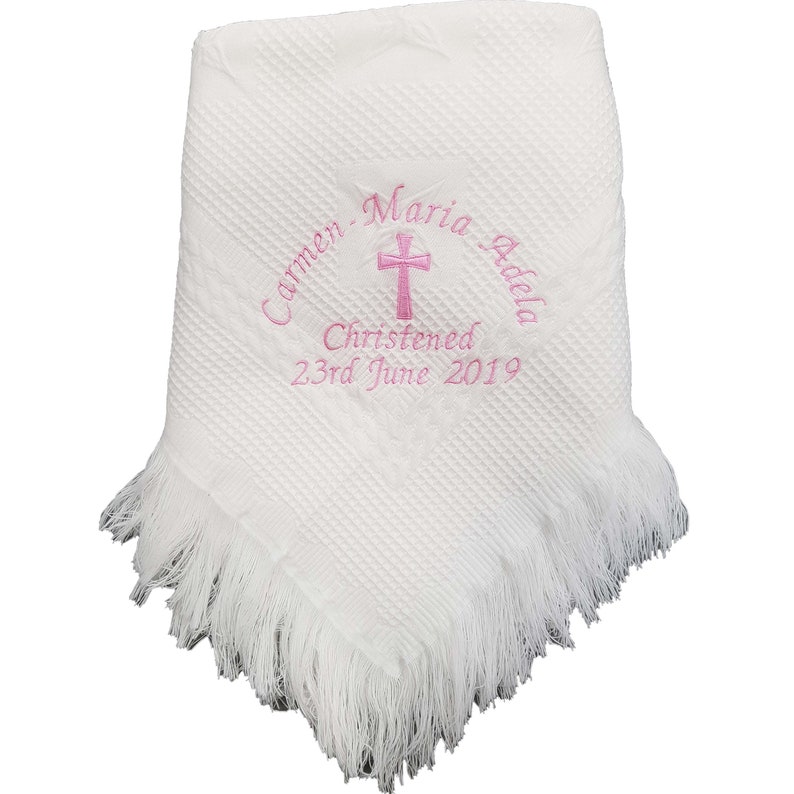 Personalised christening baptism shawl blanket with big cross embroidered in colour of your choice image 4