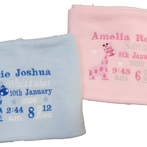 Personalised  baby blanket embroidered with a giraffe and birth details boy girl neutral gift baby shower keepsake bespoke gift