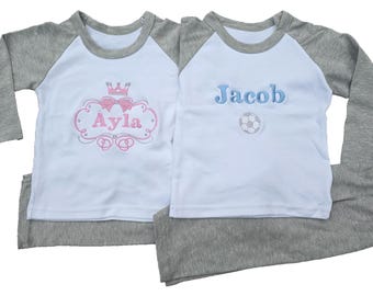 Personalised kids pyjamas embroidered with a name and the football or crown