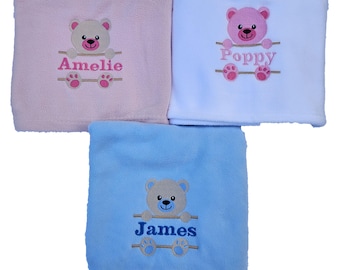 Personalized Teddy Bear Fleece Baby Blanket, Embroidered Keepsake Gift