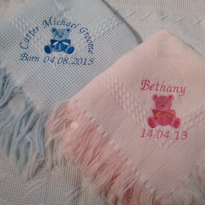 Personalised teddy baby shawl available in pink, blue,white or cream
