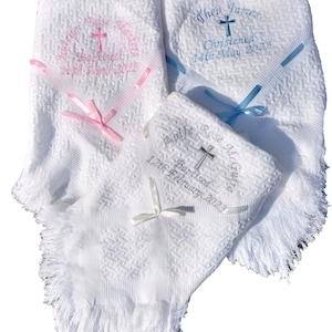 Personalised baby shawl Christening Baptism naming day embroidered with ribbon keepsake gift