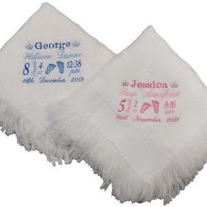 Personalised baby shawl blanket embroidered with babies birth details footprints and crown Keepsake bespoke Gift