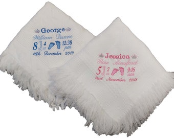 Personalised baby shawl blanket embroidered with babies birth details footprints and crown Keepsake bespoke Gift
