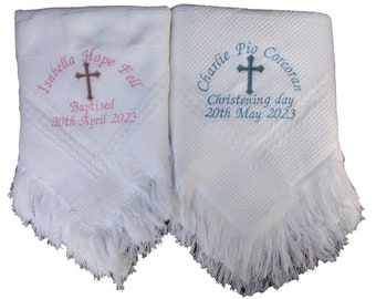Personalised christening baptism shawl blanket with 2 colour cross embroidered in the colour of your choice