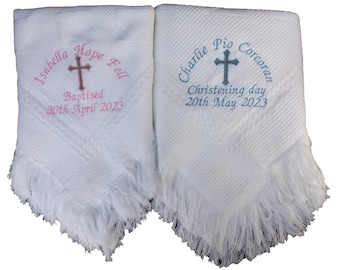 Personalised christening baptism shawl blanket with 2 colour cross embroidered in the colour of your choice