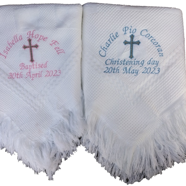 Personalised christening baptism shawl blanket with 2 colour cross embroidered in the colour of your choice